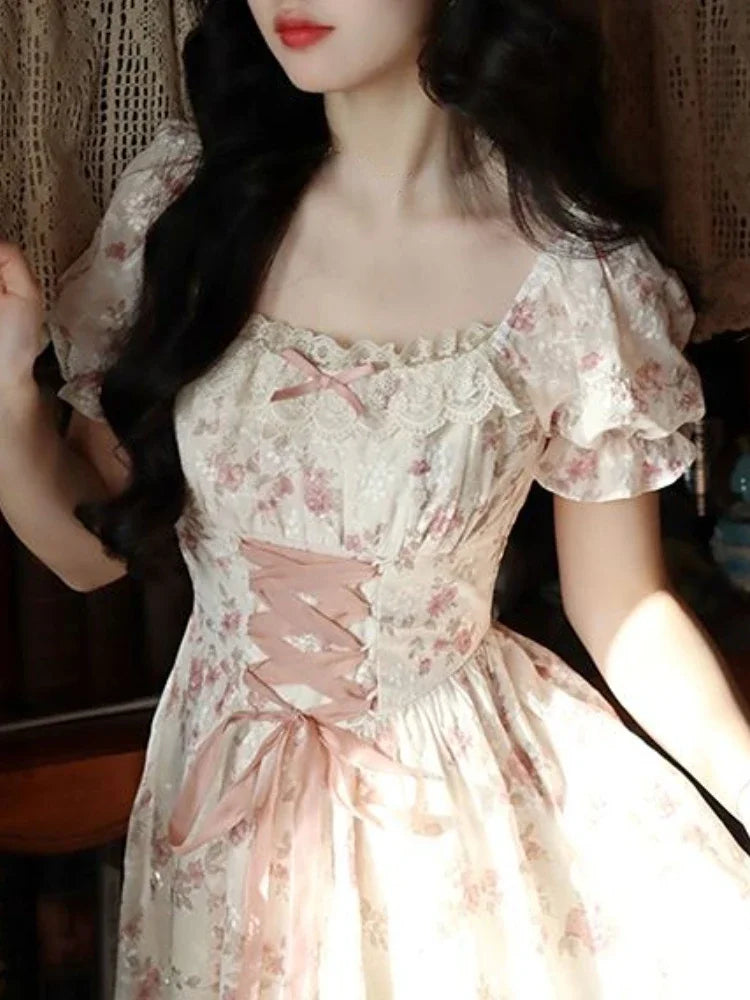Women’s Summer Lace Fairy Dress – Square Collar Floral Princess Dress