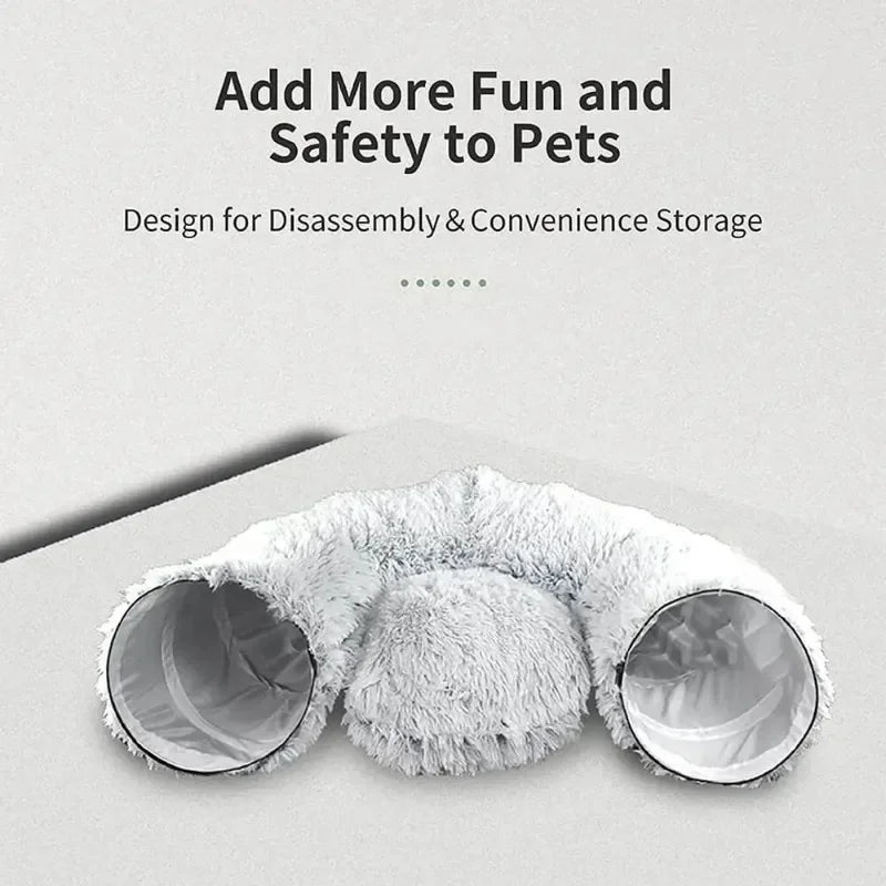 Plush Donut Cat Bed with Tunnel & Peephole – Indoor Fluffy Hideout