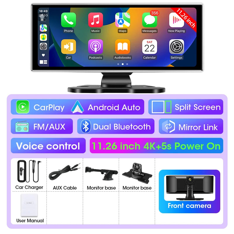 4K Dual Lens Car DVR Dash Cam with CarPlay, Android Auto, GPS, WiFi