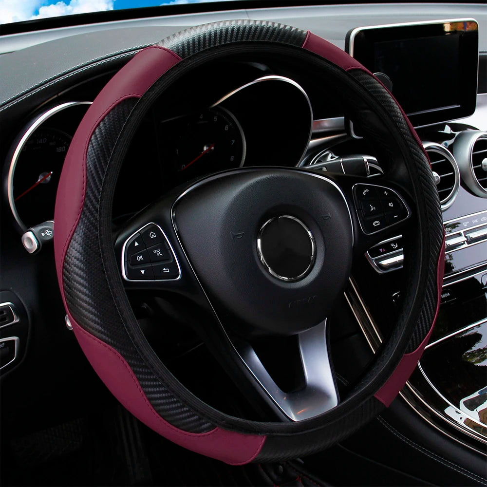 PU Carbon Fiber Leather Steering Wheel Cover 14.5–15 Inch Car Accessory