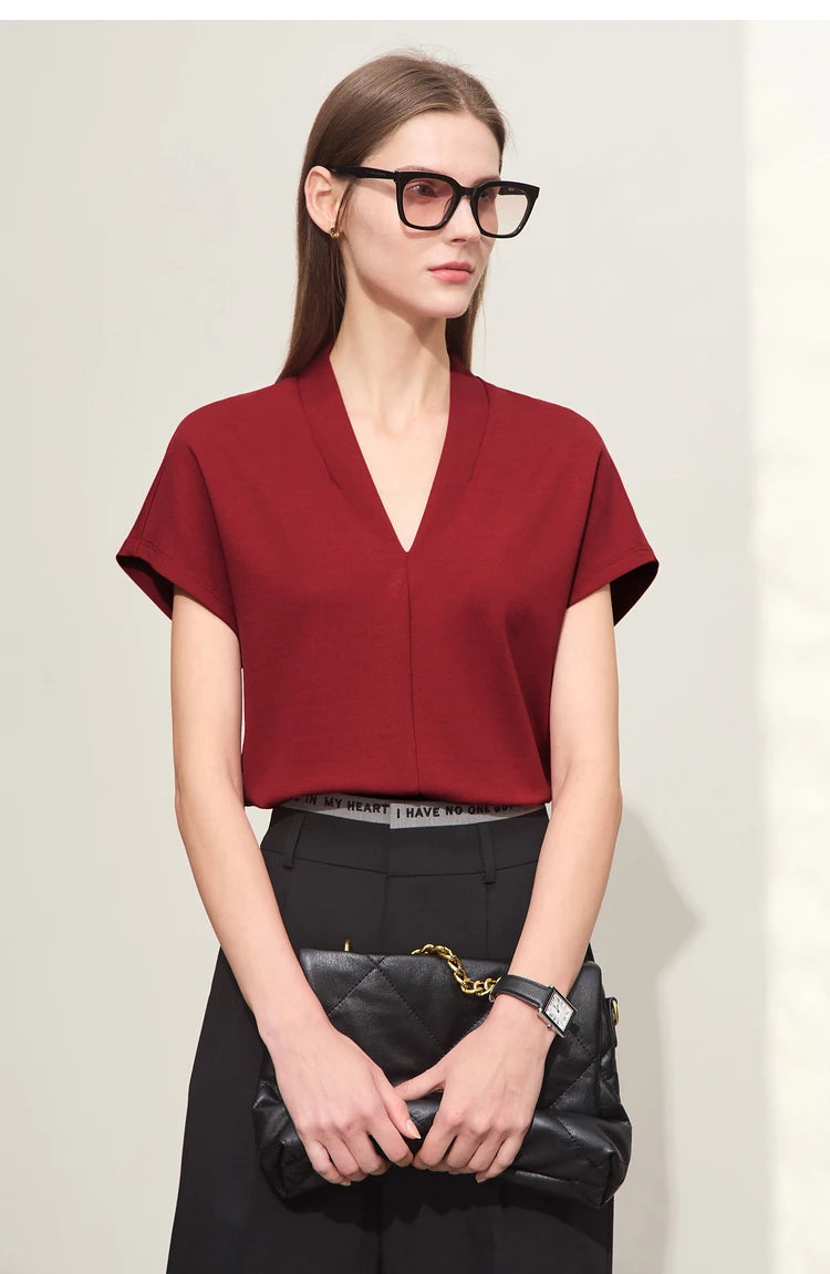 Women’s Classic V-Neck Short Sleeve T-Shirt – Casual Solid Stretch Top