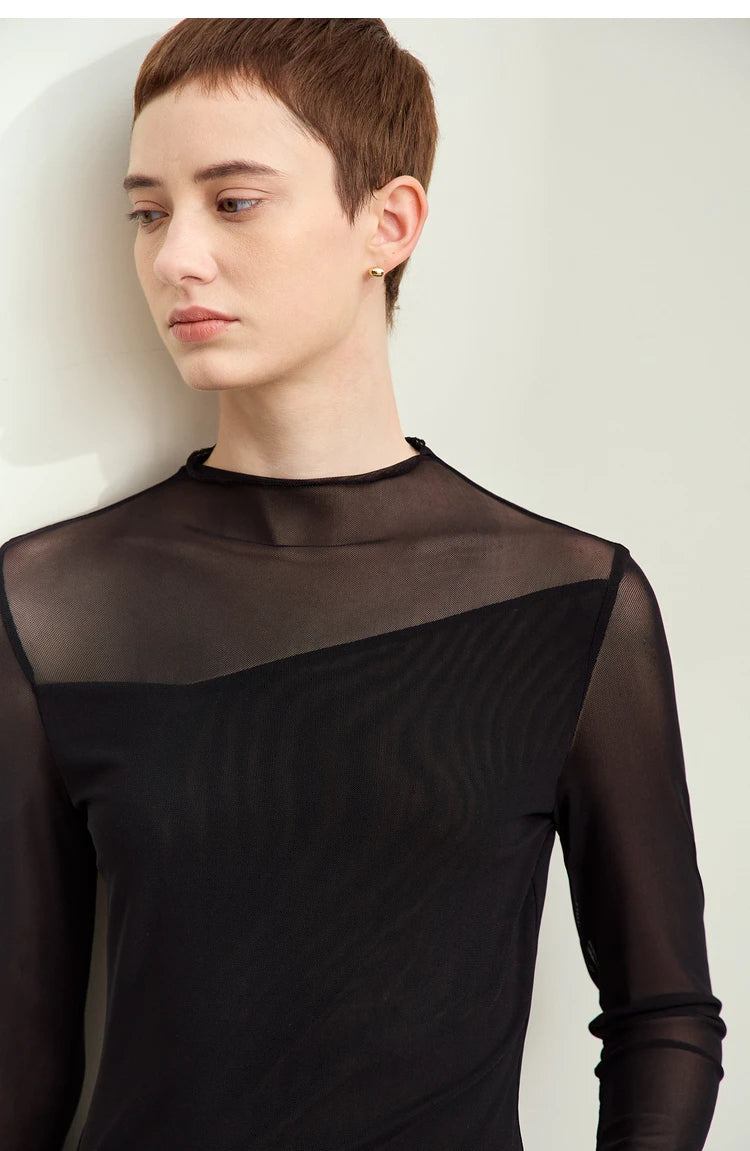 Women’s Mesh Half-High Neck Slim T-Shirt – Retro Office Spring Top