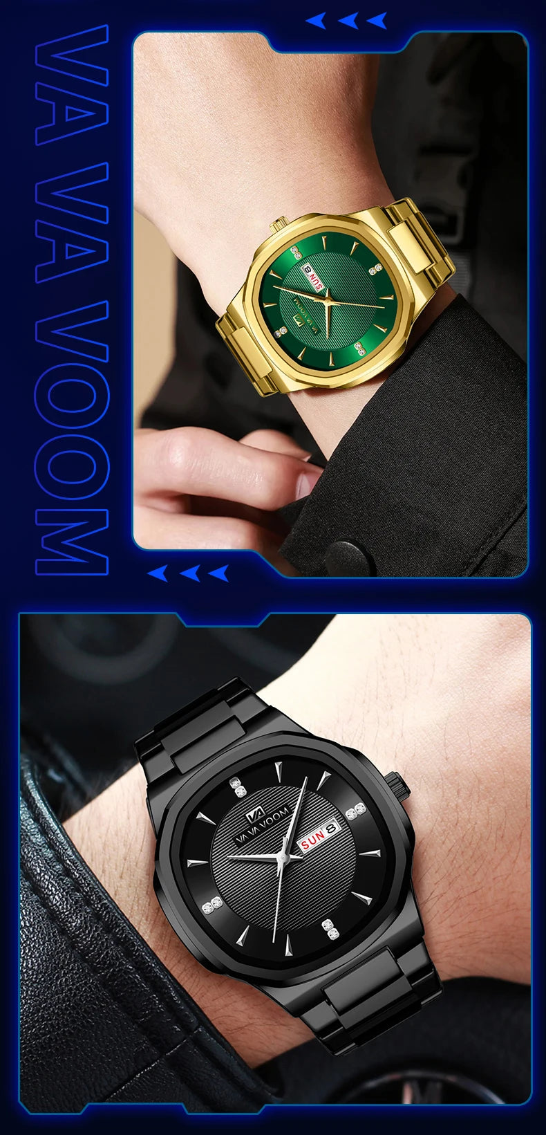 Luxury Diamond Men’s Watch – Stainless Steel Dual Date & Week Display