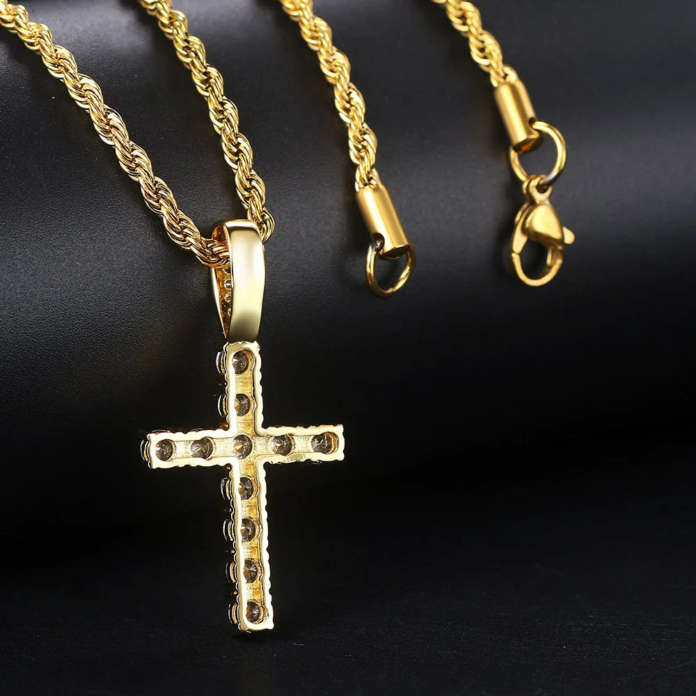 Unisex Gold Iced-Out Hip Hop Cross Pendant Necklace – Statement Chain