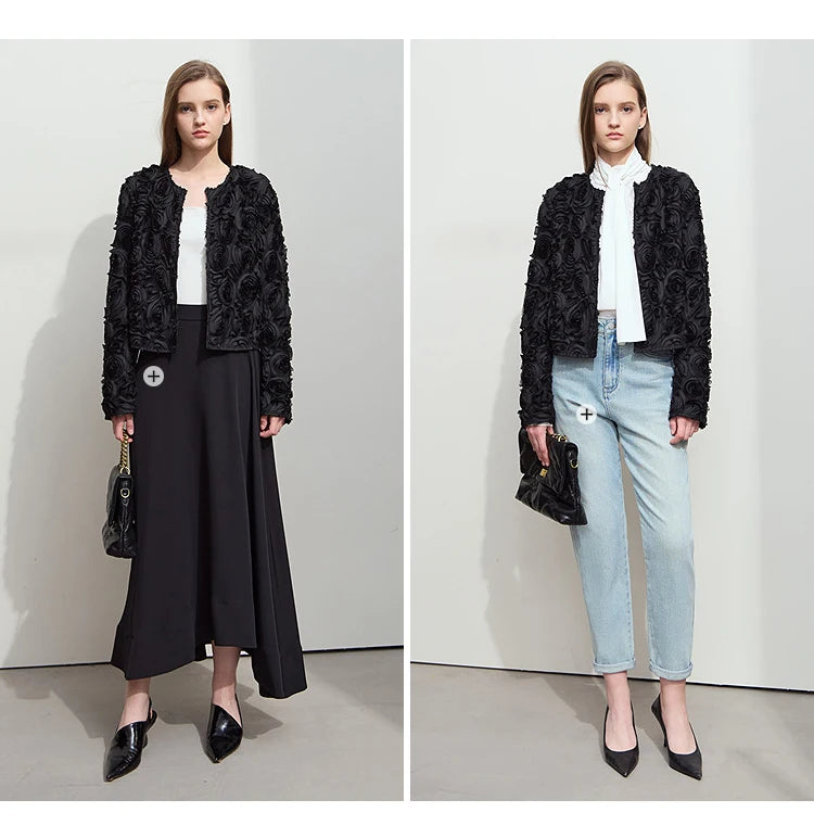 Women’s Elegant Short Jacket – Romantic Flower O-Neck Hook Button Coat