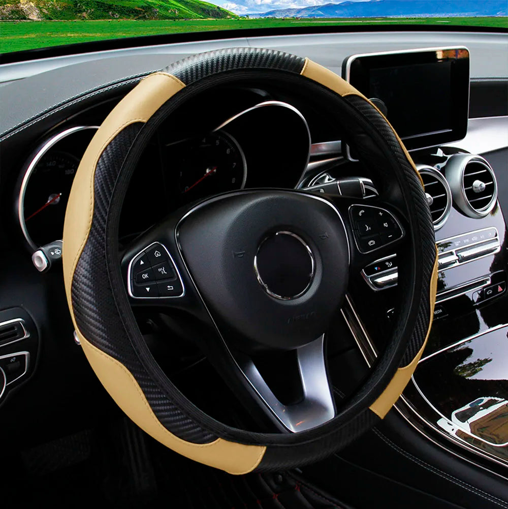 PU Carbon Fiber Leather Steering Wheel Cover 14.5–15 Inch Car Accessory