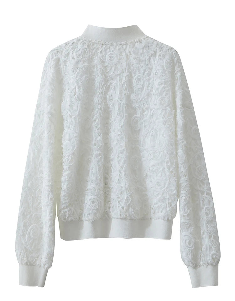 Women’s V-Neck Zipper Jacket – Hollow Flower Loose Casual Top