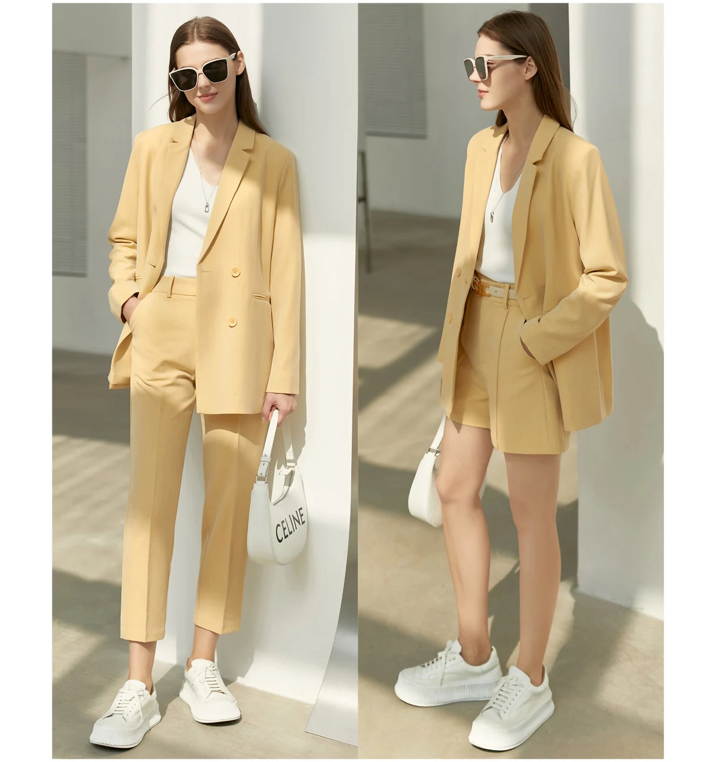 Women’s Office Blazer Set – Lace V-Neck Top & High Waist Pants