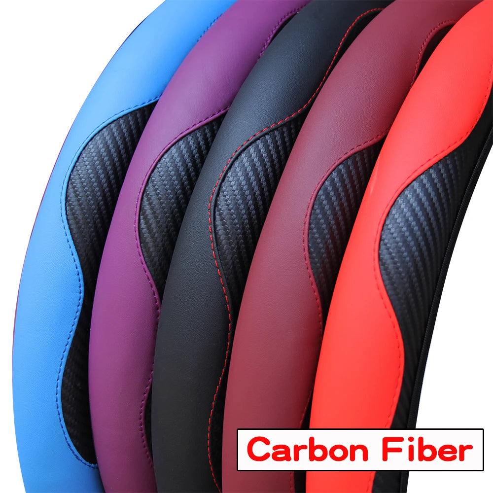 PU Carbon Fiber Leather Steering Wheel Cover 14.5–15 Inch Car Accessory