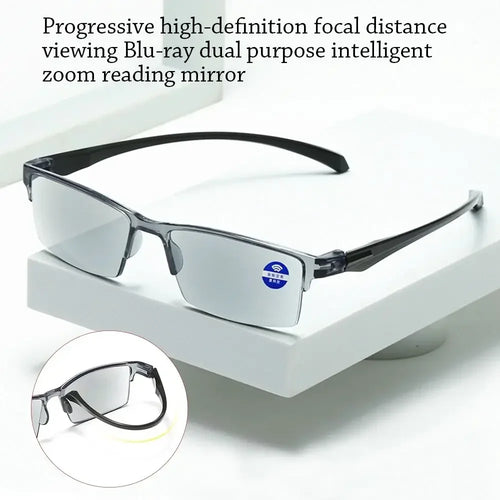 Reading glasses with black frames on a white surface, accompanied by text describing their features.