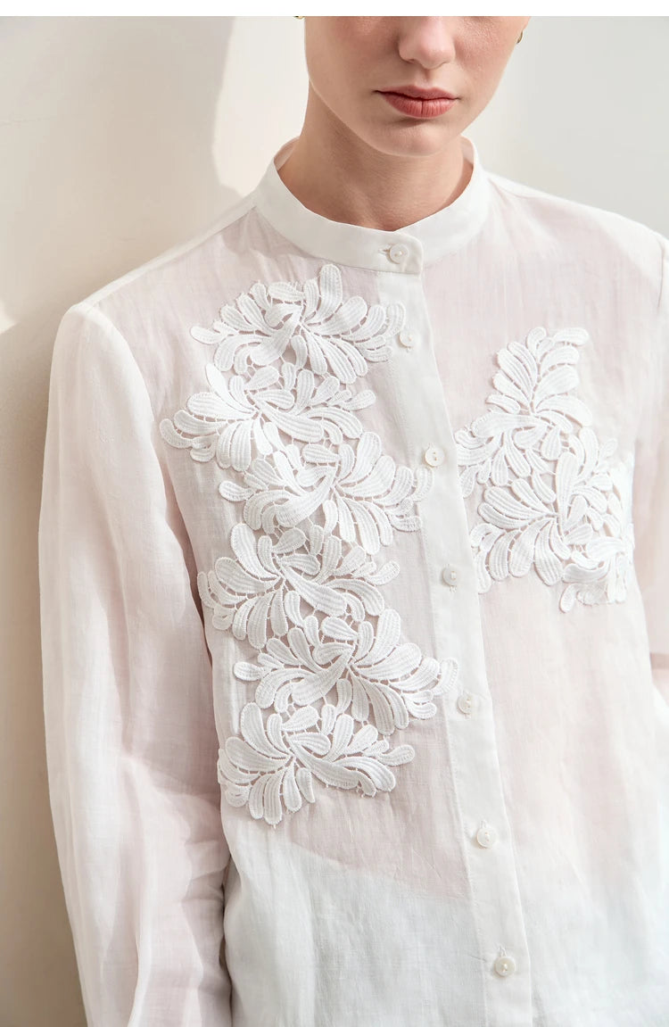Women’s Autumn Stand Collar Lace Shirt – Elegant Shell Button Blouse