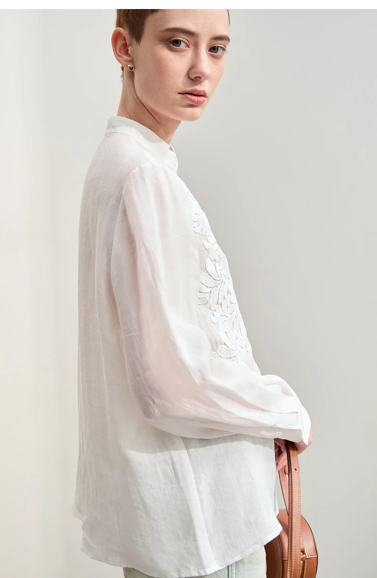 Women’s Autumn Stand Collar Lace Shirt – Elegant Shell Button Blouse