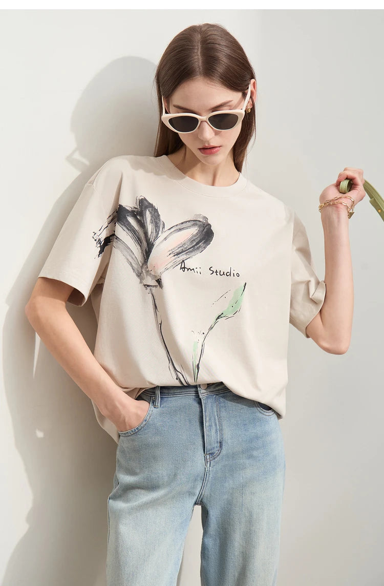 Women’s Summer Ink Art Print T-Shirt – Loose O-Neck Cotton Tee