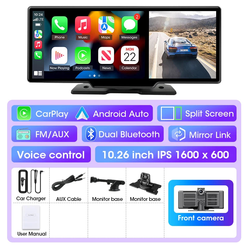 4K Dual Lens Car DVR Dash Cam with CarPlay, Android Auto, GPS, WiFi