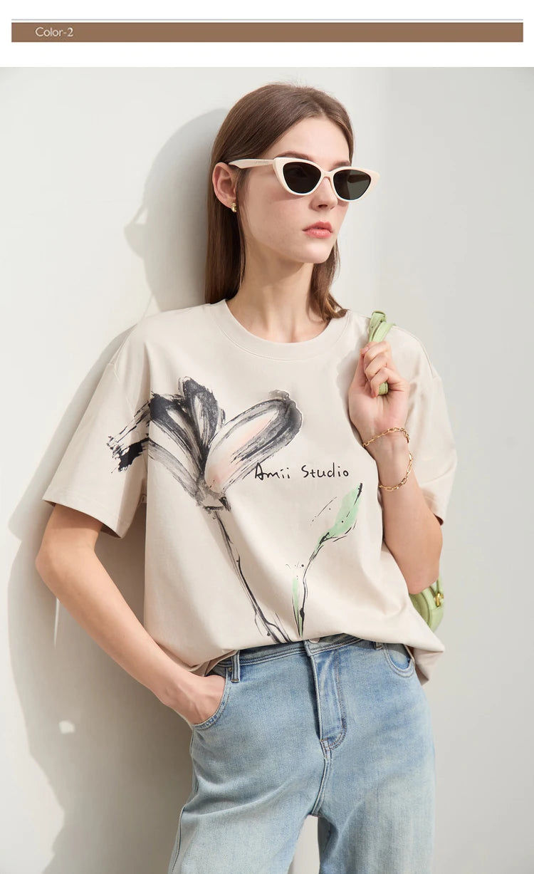 Women’s Summer Ink Art Print T-Shirt – Loose O-Neck Cotton Tee