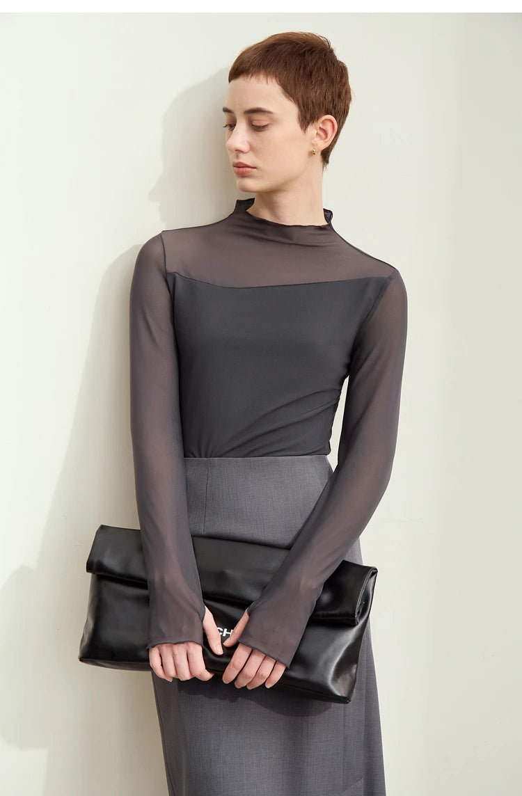 Women’s Mesh Half-High Neck Slim T-Shirt – Retro Office Spring Top