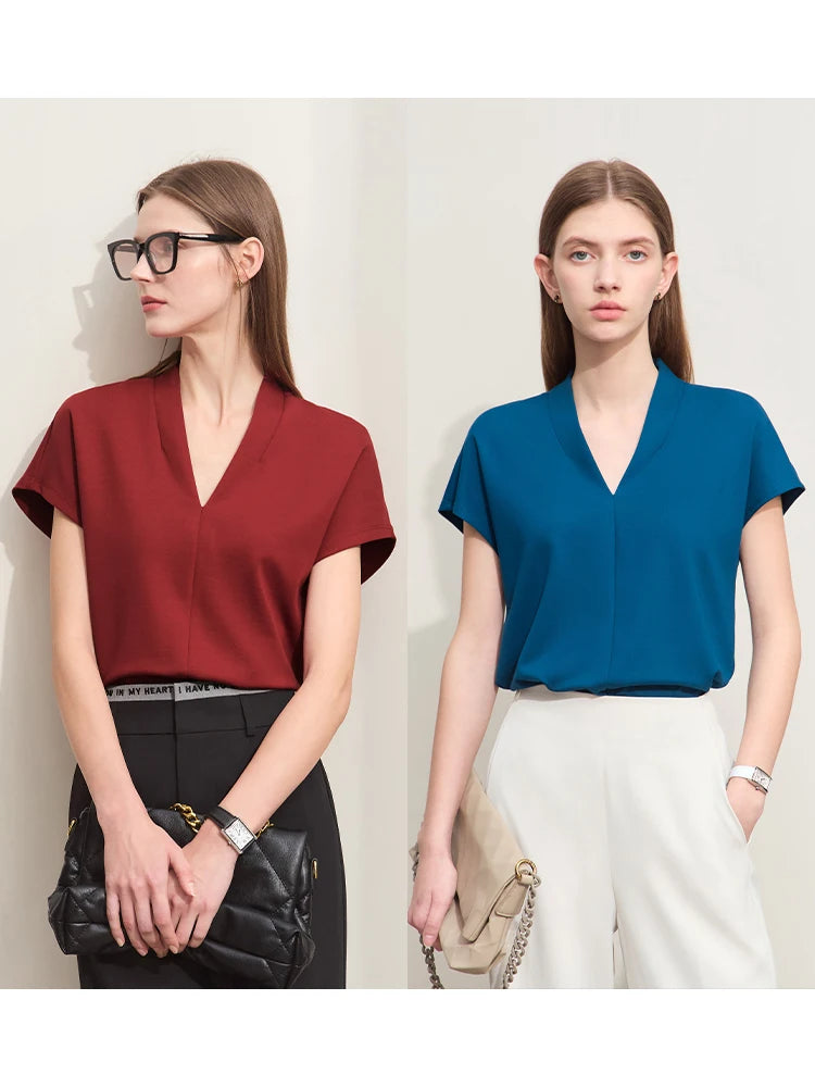 Women’s Classic V-Neck Short Sleeve T-Shirt – Casual Solid Stretch Top
