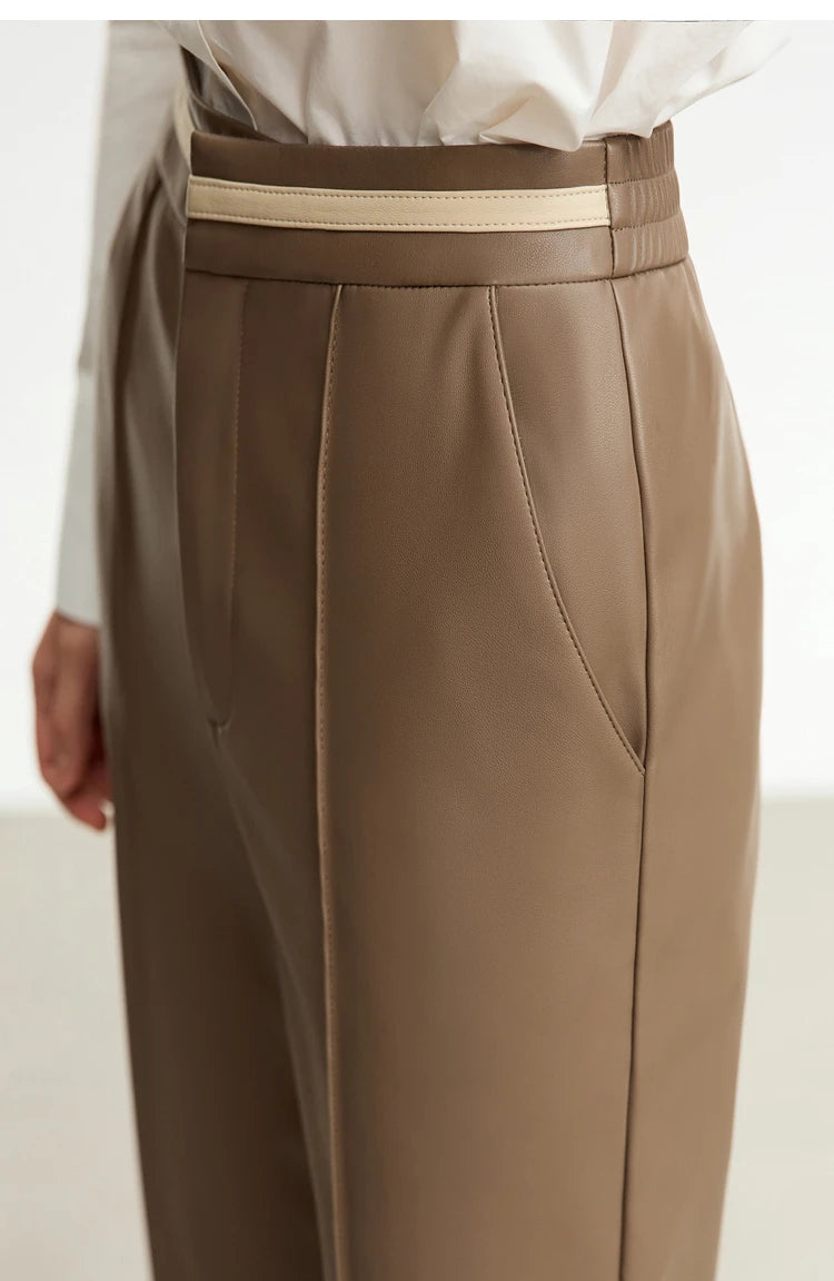 Women’s PU Leather Casual Pants – Loose Straight Floor-Length Trousers