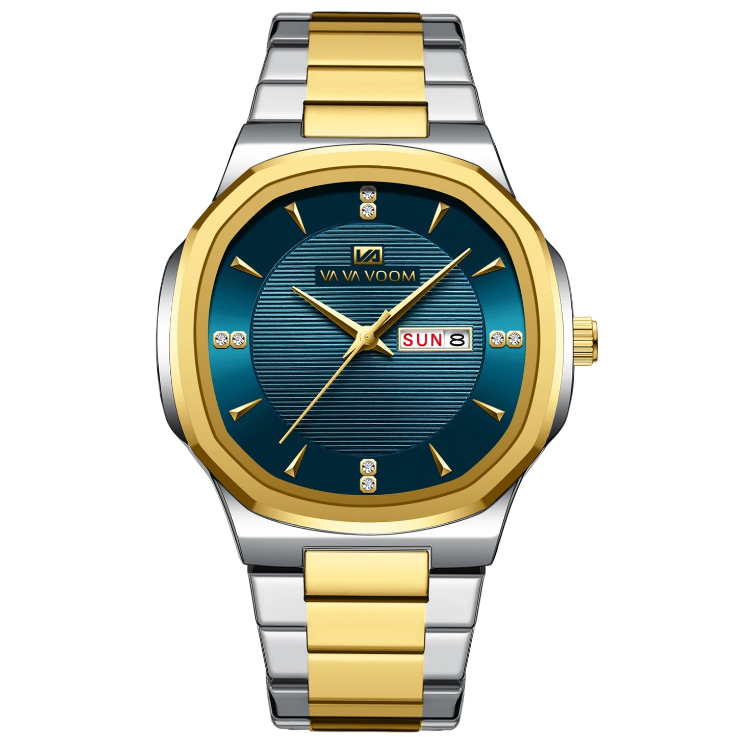 Luxury Diamond Men’s Watch – Stainless Steel Dual Date & Week Display
