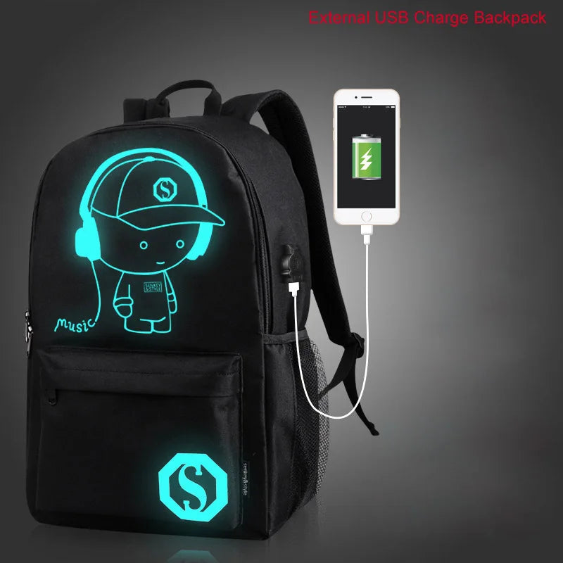 Luminous Anti-Theft Backpack – USB Charging Canvas Laptop Bag