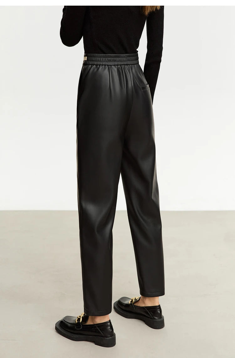 Women’s PU Leather Casual Pants – Loose Straight Floor-Length Trousers