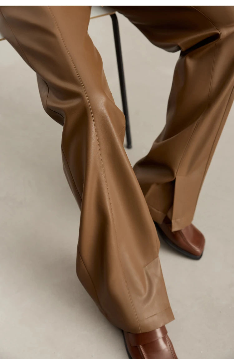 Women’s PU Leather Casual Pants – Loose Straight Floor-Length Trousers