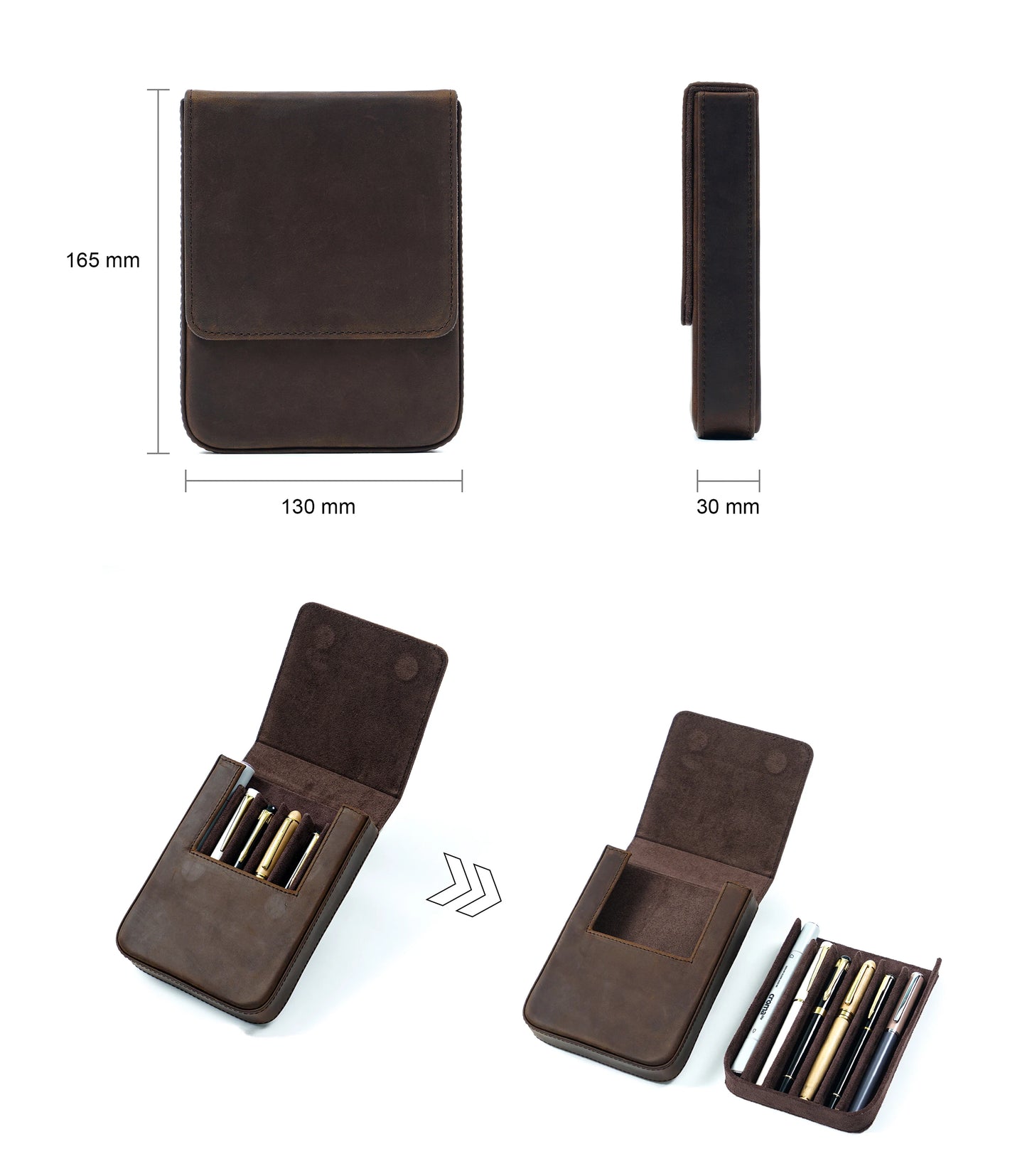 Vintage Genuine Leather Pen Pouch – 6-Slot Removable Tray Case