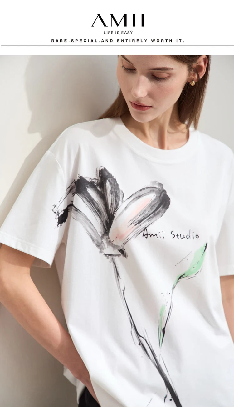 Women’s Summer Ink Art Print T-Shirt – Loose O-Neck Cotton Tee