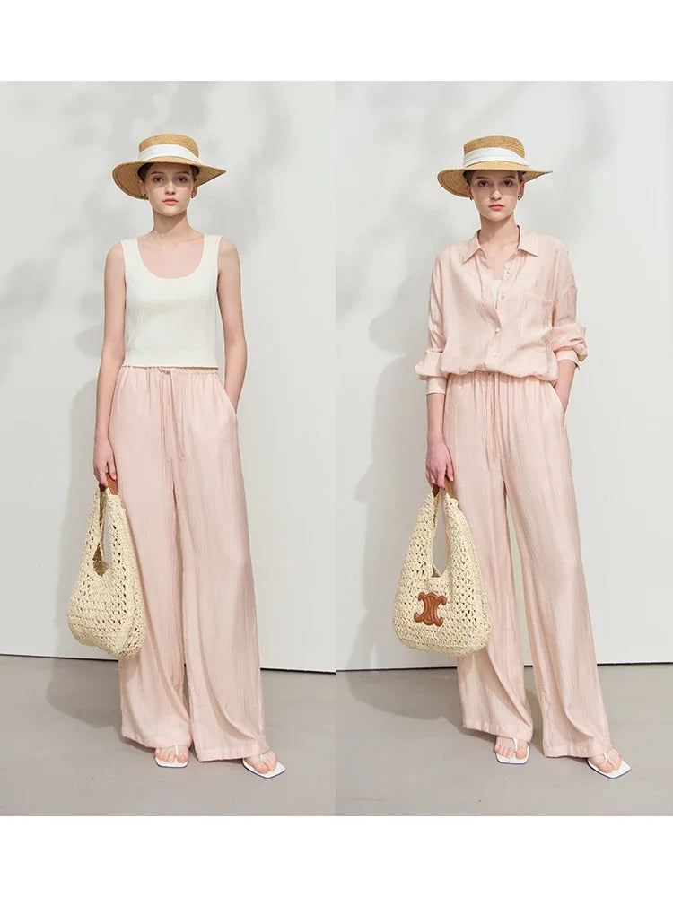 Women’s Casual Shirt & Wide Leg Pants – Spring Basic Separate Set