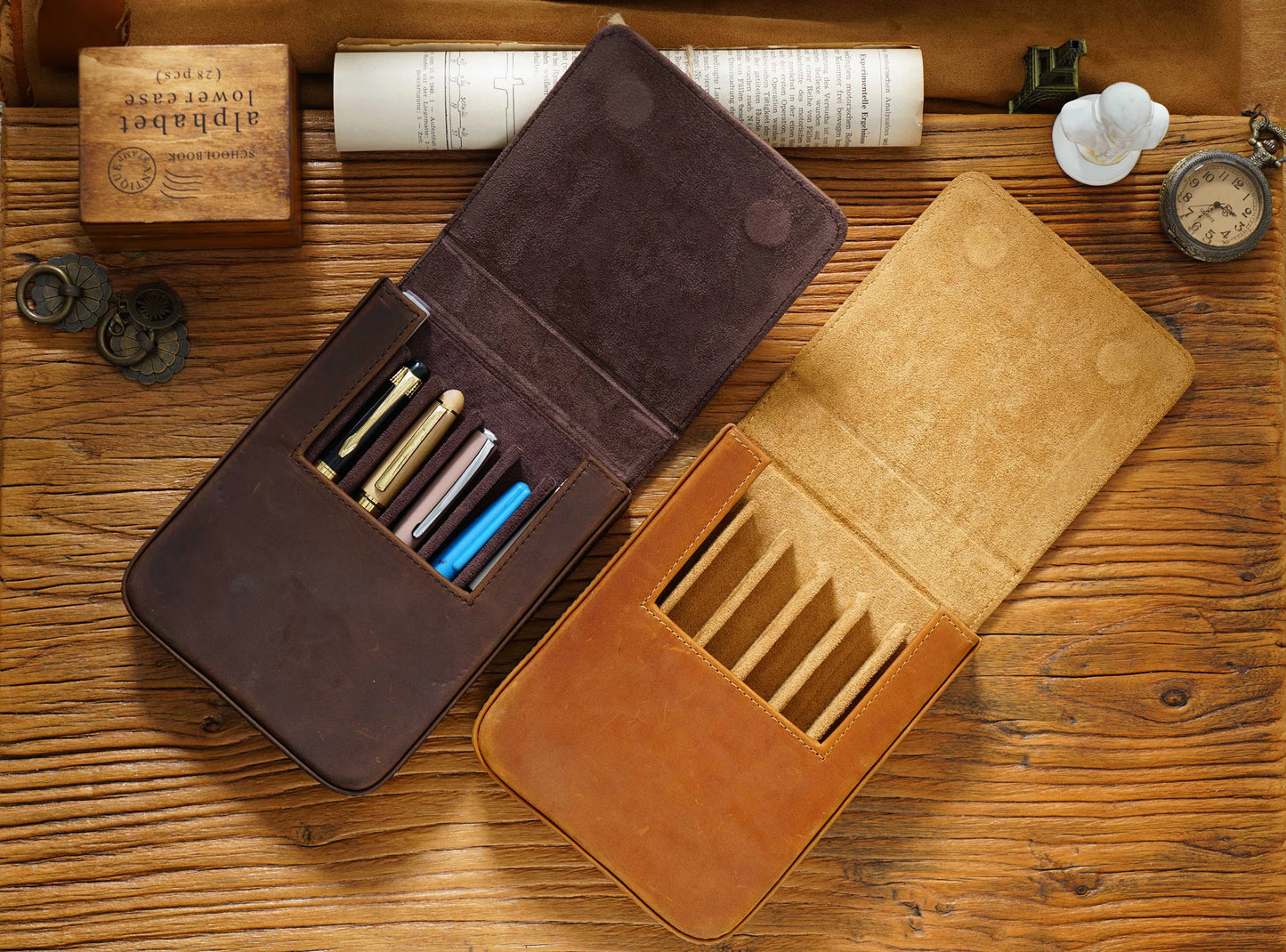Vintage Genuine Leather Pen Pouch – 6-Slot Removable Tray Case