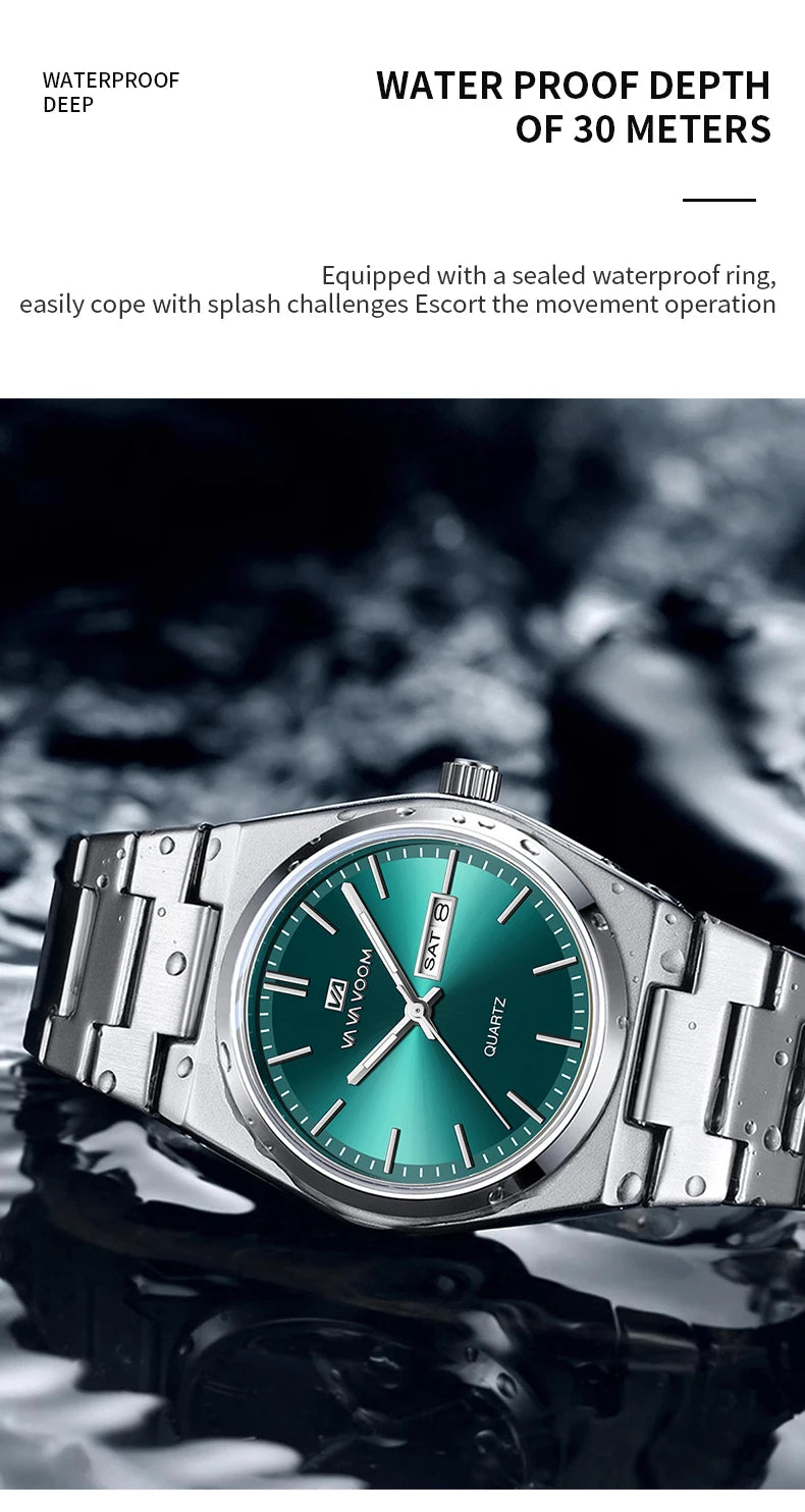 Men’s Stainless Steel 40mm Quartz Watch – Double Calendar & Waterproof
