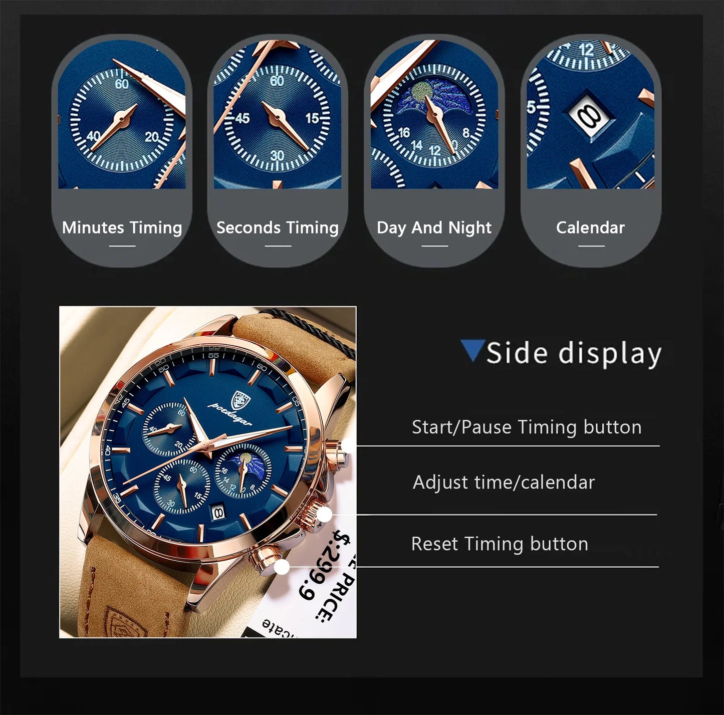 POEDAGAR Men's Luxury Quartz Chronograph Waterproof Watch