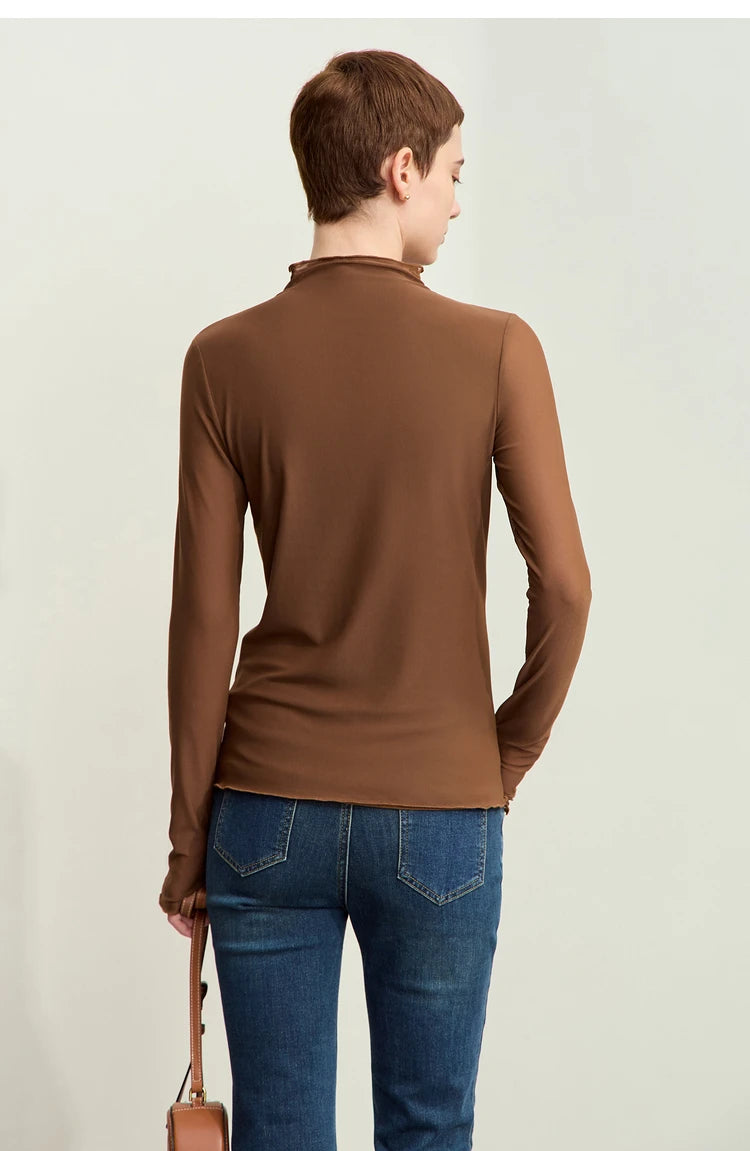Women’s Mesh Half-High Neck Slim T-Shirt – Retro Office Spring Top