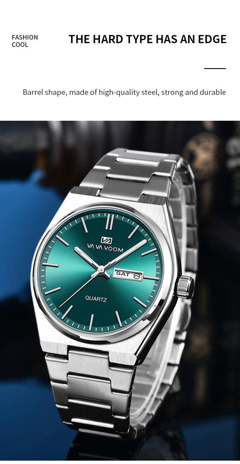 Men’s Stainless Steel 40mm Quartz Watch – Double Calendar & Waterproof