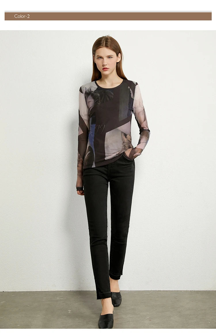 Women’s Long Sleeve Mesh Print T-Shirt – Slim Trendy Spring Top