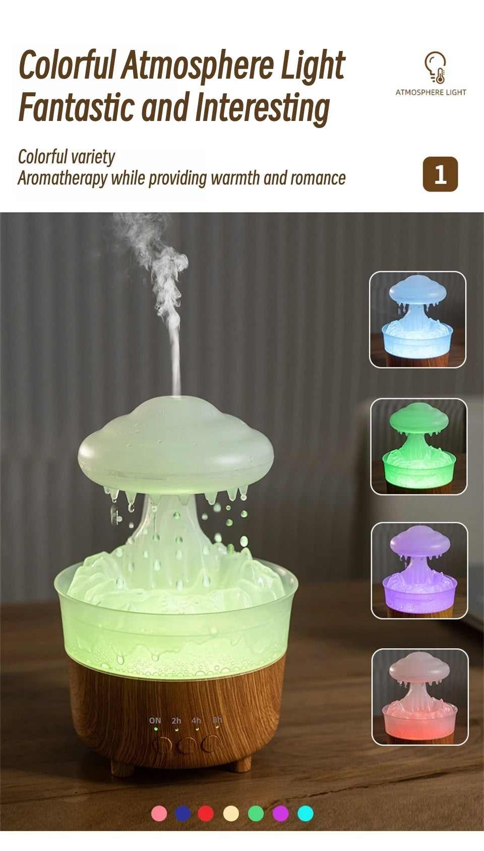 Rain Drip Mushroom Humidifier with 7 Color LED Aroma Diffuser