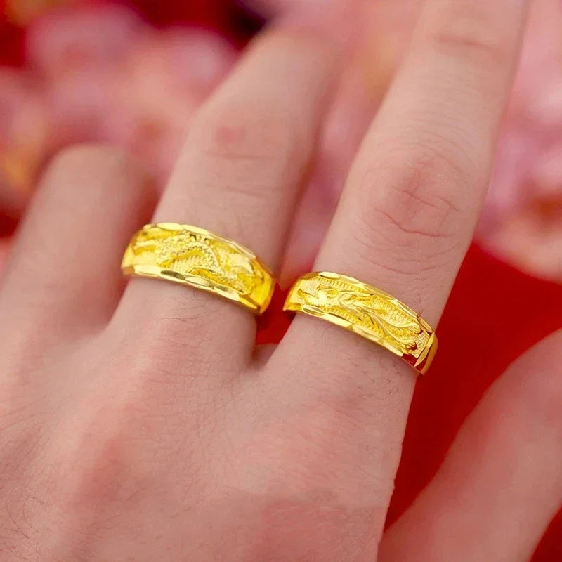 Gold Color Opening Rings for Couples – Dragon & Phoenix Design