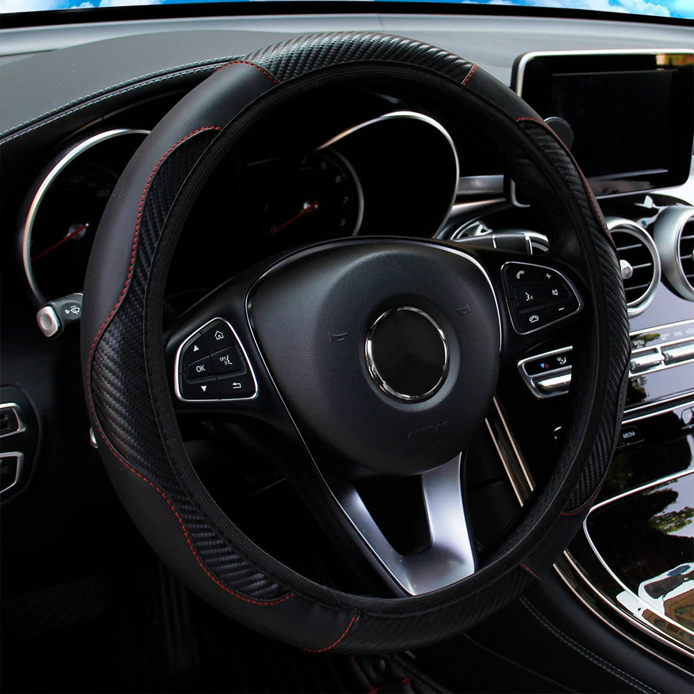 PU Carbon Fiber Leather Steering Wheel Cover 14.5–15 Inch Car Accessory