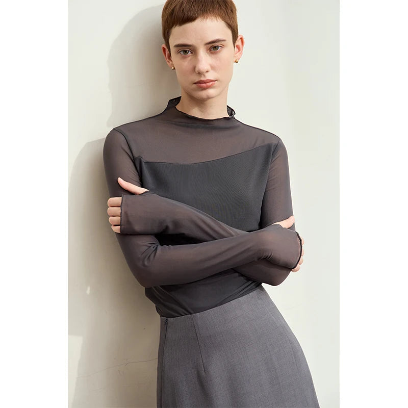 Women’s Mesh Half-High Neck Slim T-Shirt – Retro Office Spring Top