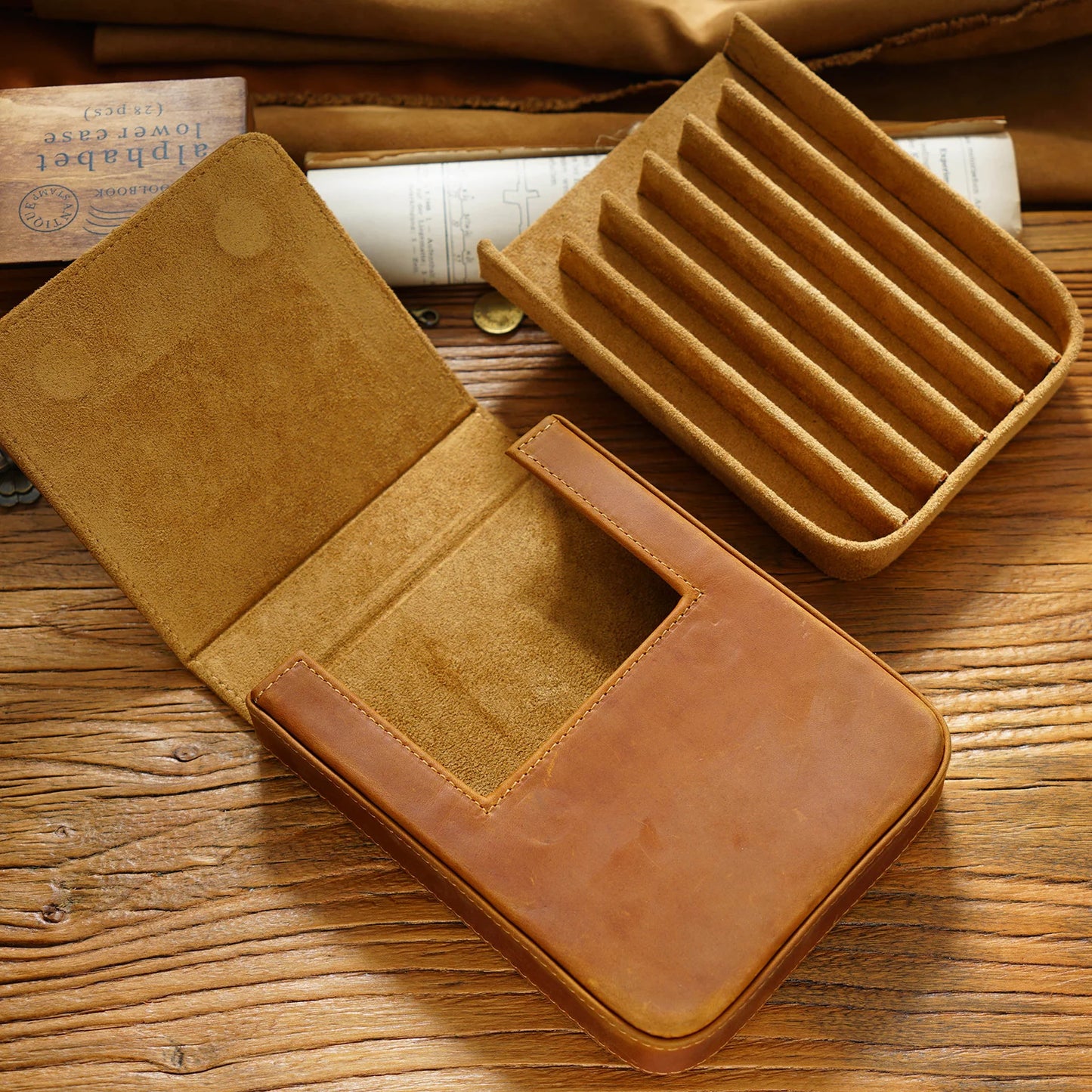 Vintage Genuine Leather Pen Pouch – 6-Slot Removable Tray Case
