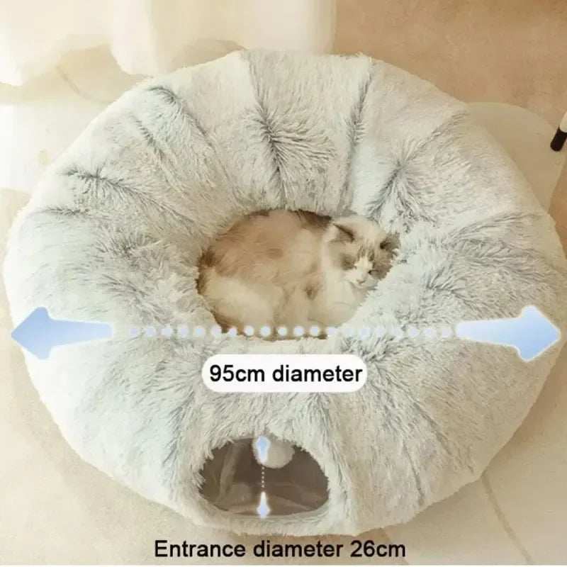 Plush Donut Cat Bed with Tunnel & Peephole – Indoor Fluffy Hideout