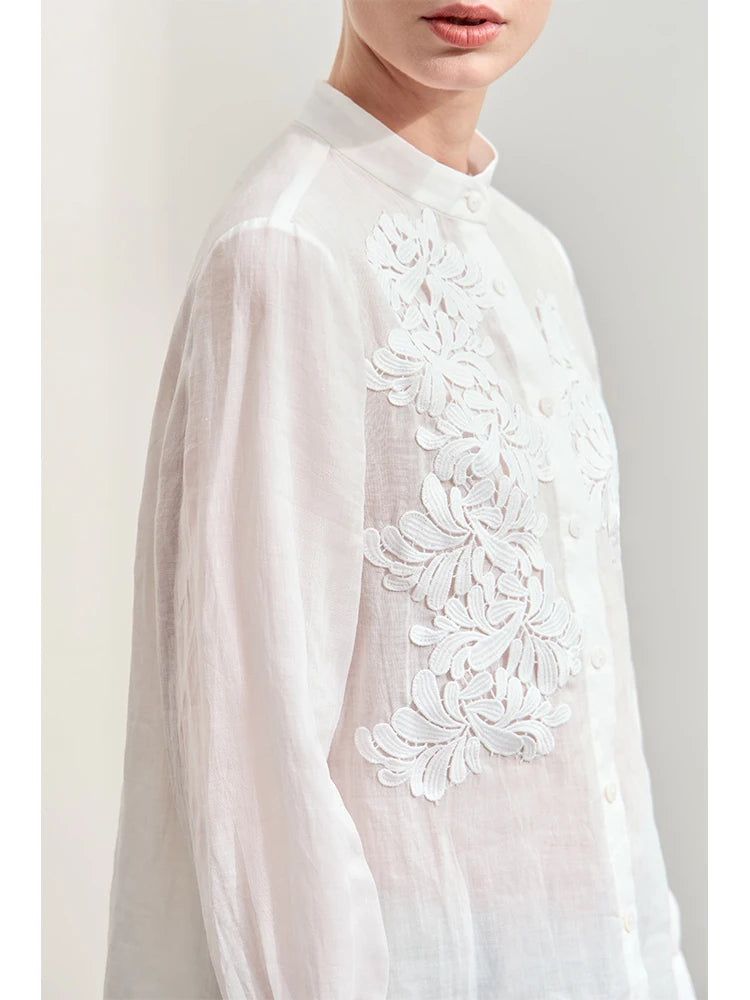 Women’s Autumn Stand Collar Lace Shirt – Elegant Shell Button Blouse