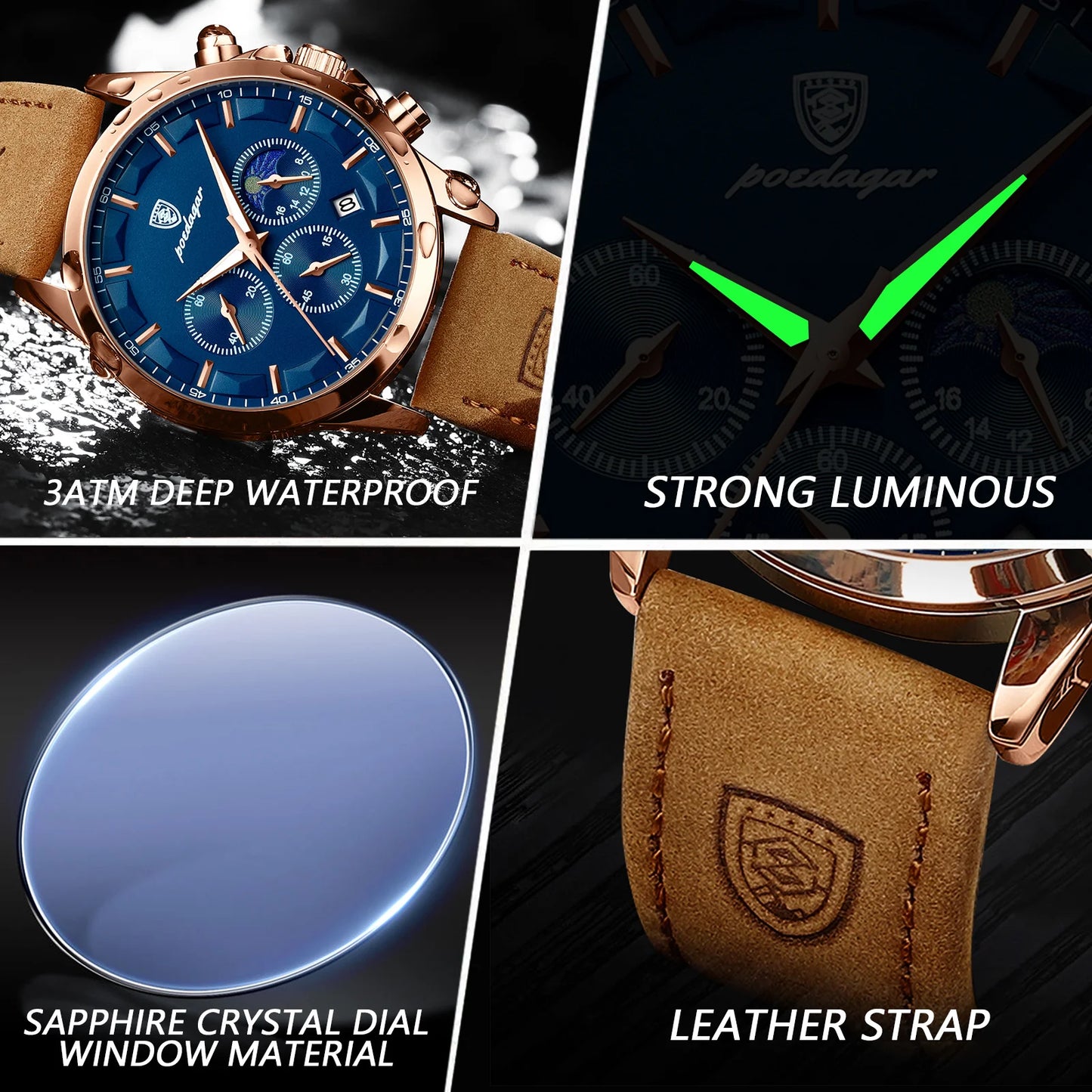 POEDAGAR Men's Luxury Quartz Chronograph Waterproof Watch