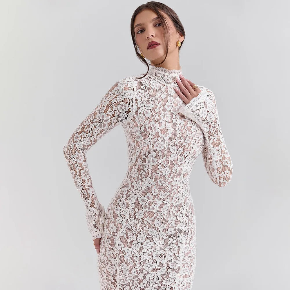 Women’s Elegant Lace Bodycon Dress – Long Sleeve Fishtail Evening Dress