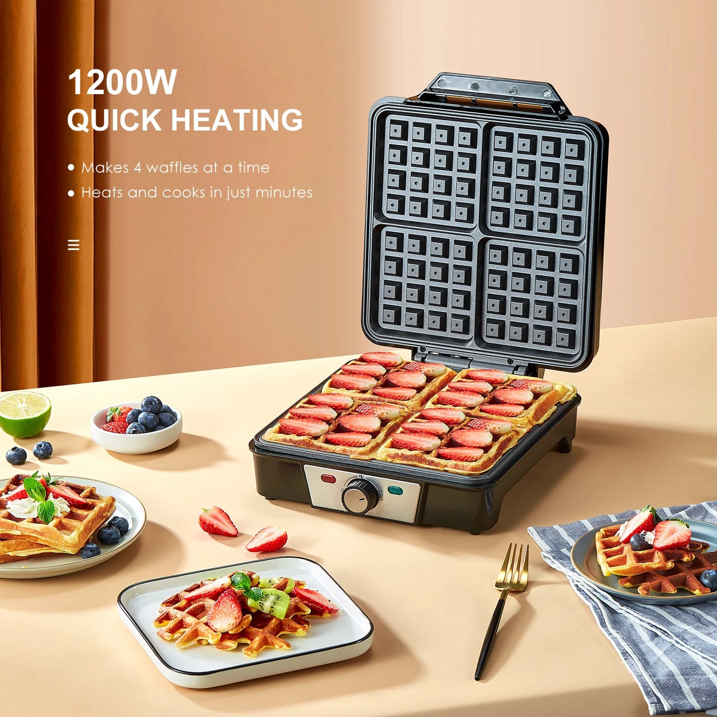 4-Slice Belgian Waffle Maker with Nonstick Plates – 1200W Compact