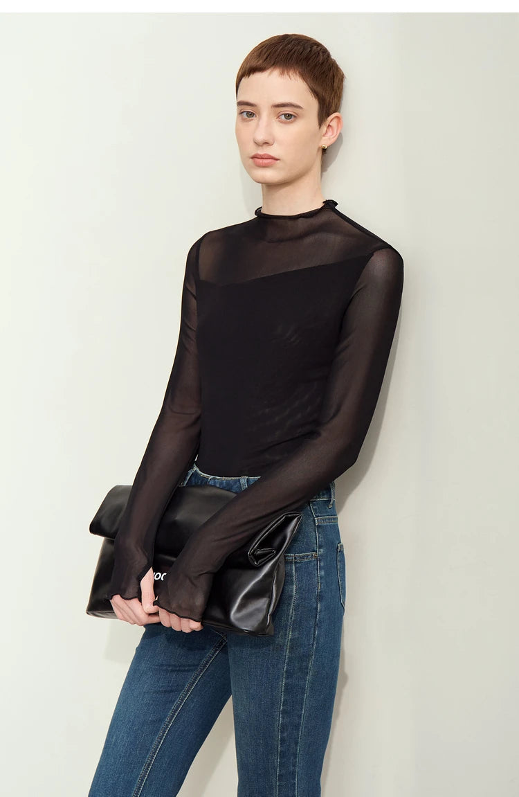 Women’s Mesh Half-High Neck Slim T-Shirt – Retro Office Spring Top