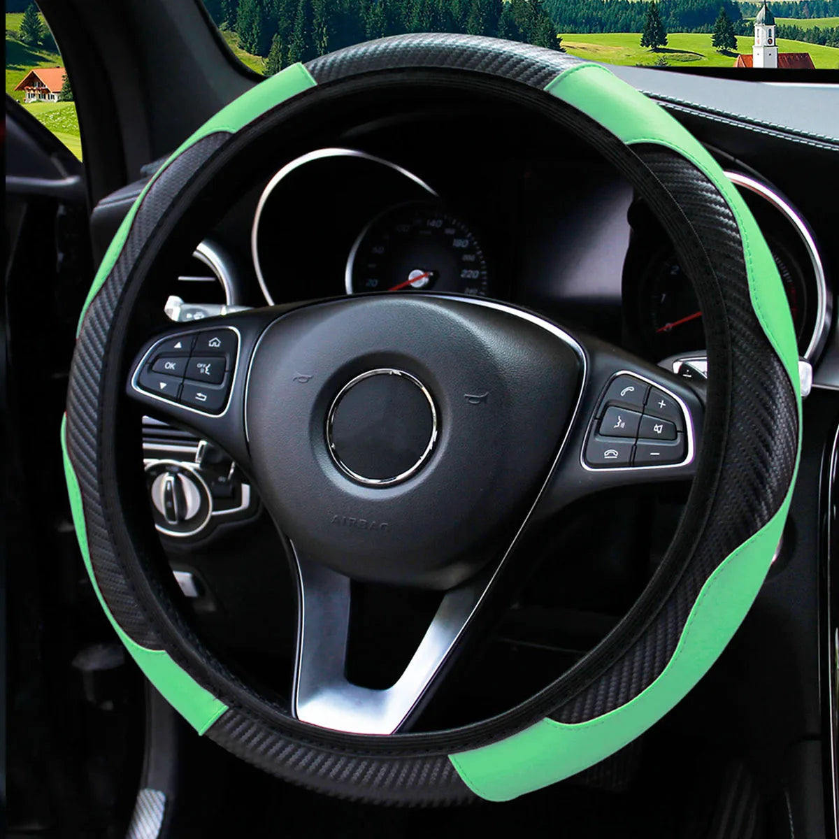 PU Carbon Fiber Leather Steering Wheel Cover 14.5–15 Inch Car Accessory