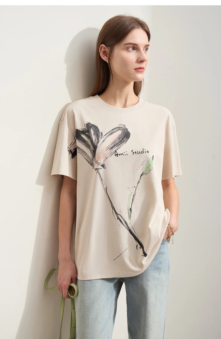 Women’s Summer Ink Art Print T-Shirt – Loose O-Neck Cotton Tee