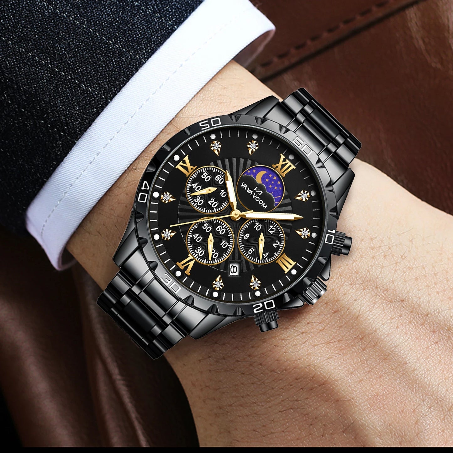 43mm Stainless Steel Men’s Quartz Watch – Diamond Night Glow