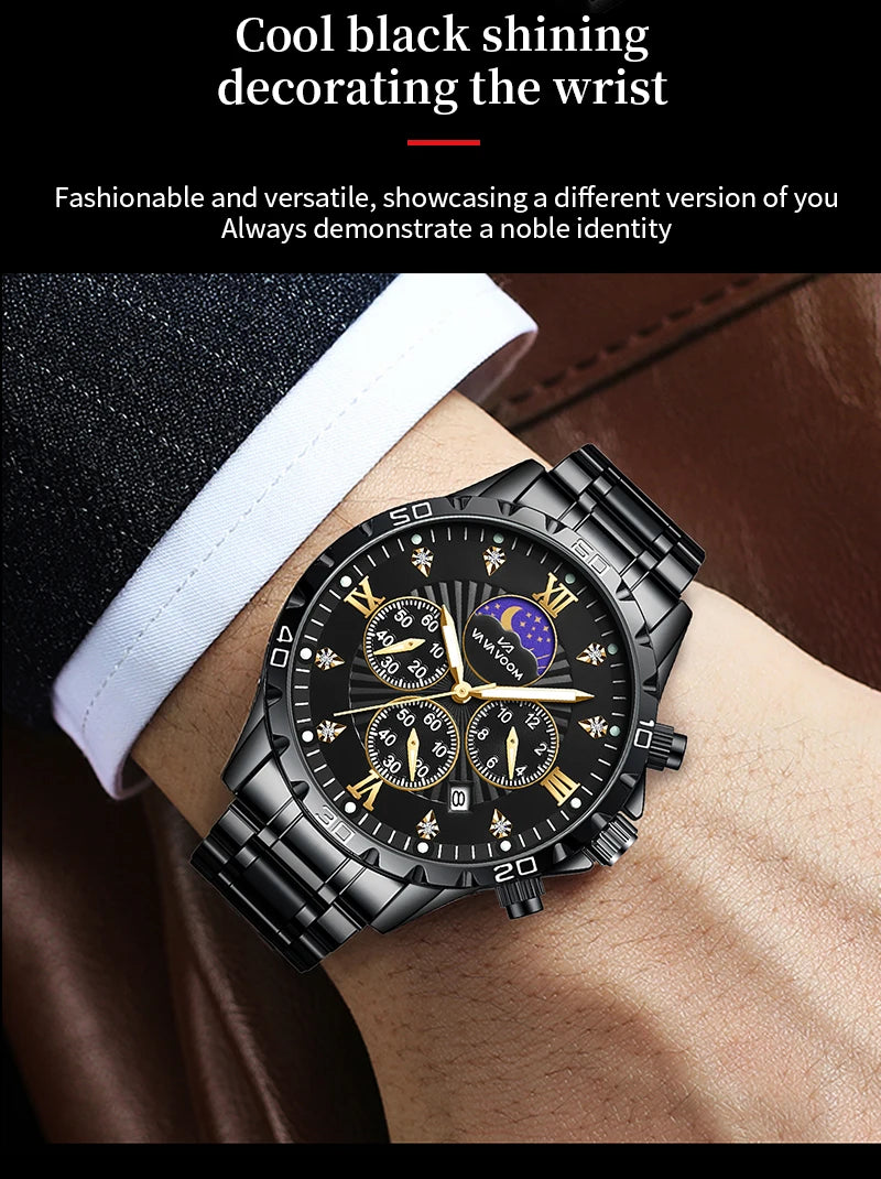 43mm Stainless Steel Men’s Quartz Watch – Diamond Night Glow